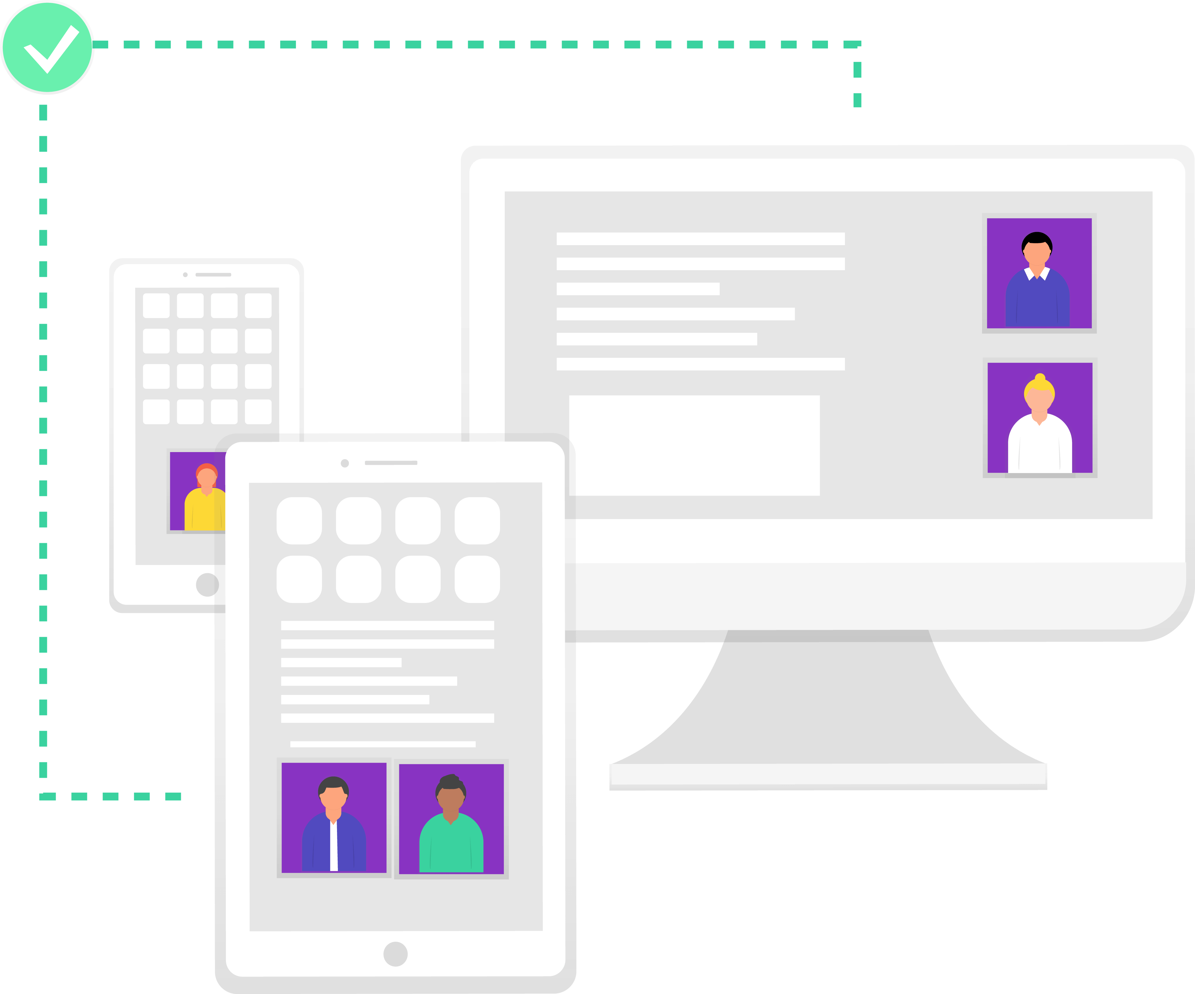Abstract of three devices-phone, tablet, and desktop-connected via network.
